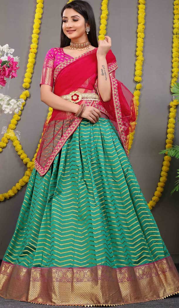 Sky Blue Pink Color Pure Silk Zari Weaving Work Function Wear Lehenga Choli -4000151027