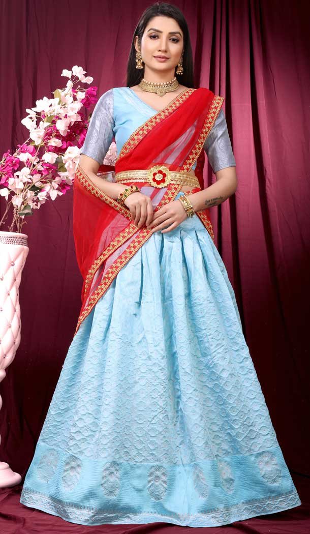 Charming Sky Blue Color Pure Silk Traditional Festive Wear Lehenga Choli -4001151029