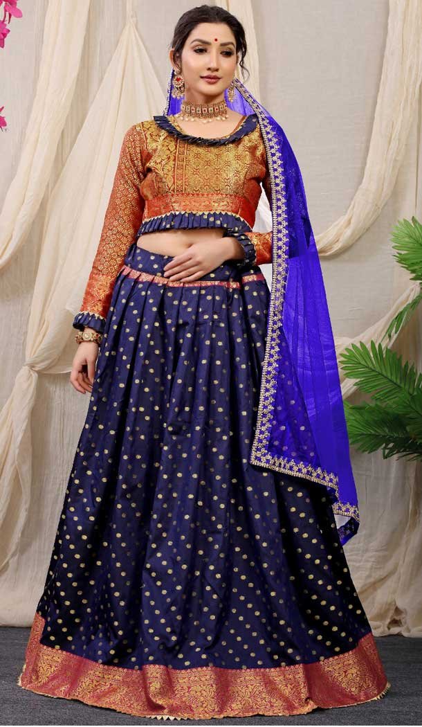 Navy Blue Color Pure Silk Traditional Festive Wear Lehenga Choli -4001151030