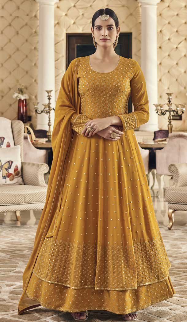 Mustard Yellow Color Fox Georgette Designer Anarkali Style Lehenga Suit -4152152177