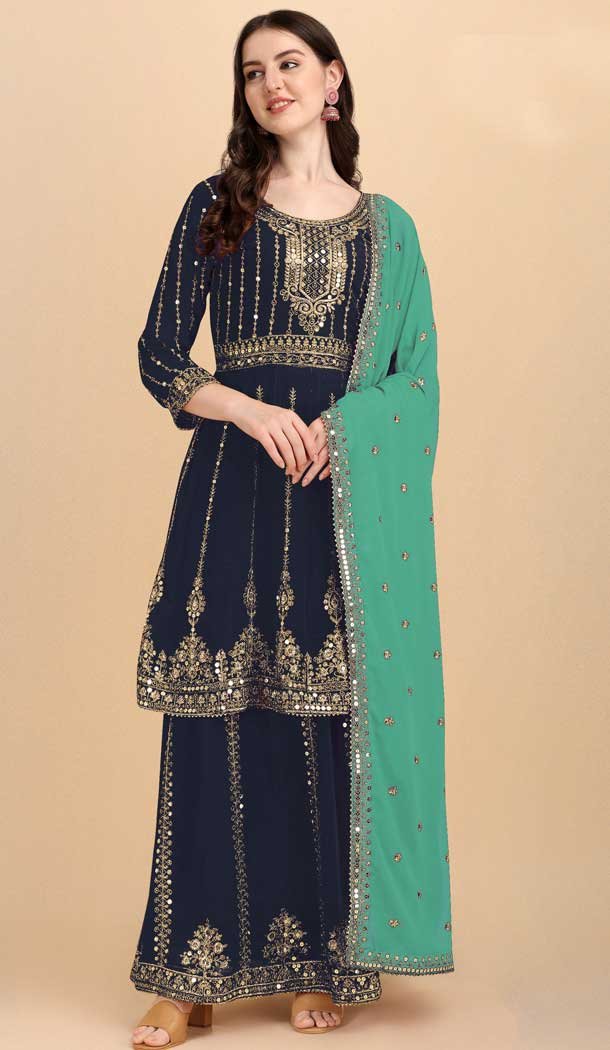 Navy Blue Color Heavy Fox Georgette Embroidery Palazzo Salwar Suit-4159152210