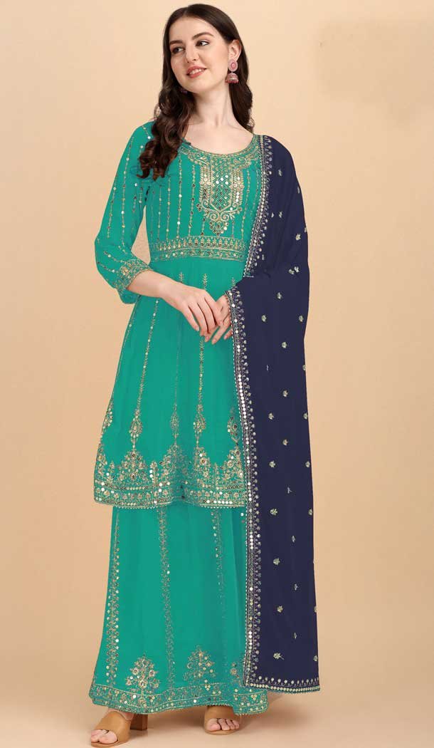 Sparkling Blue Color Heavy Fox Georgette Embroidery Palazzo Salwar Suit-4159152211