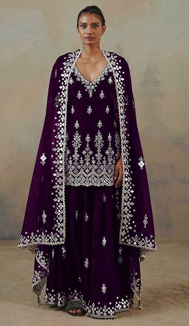 Lovely Wine Color Heavy Fox Georgette Embroidery Plus Size Women Palazzo Suit-4160152214