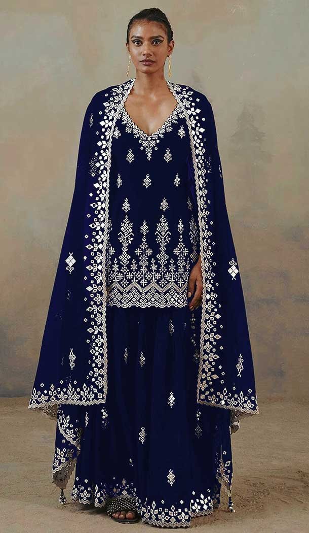 Vivacious Navy Blue Color Heavy Fox Georgette Embroidery Plus Size Women Palazzo Suit-4160152216