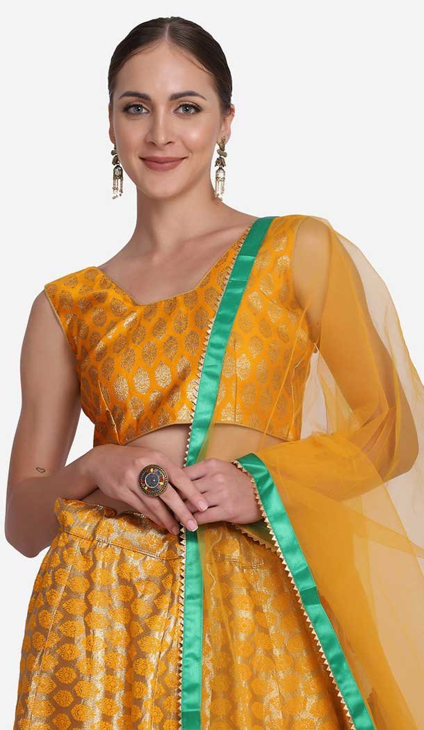 Jacquard Zari Woven Work Party Wear Women Lehenga in Yellow -4380154089