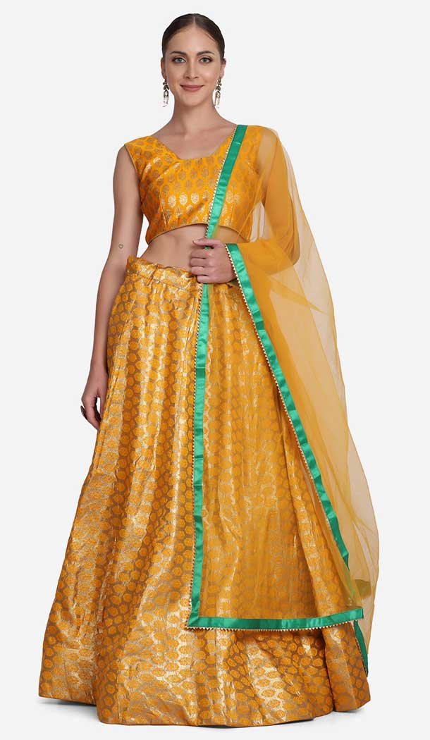 Jacquard Zari Woven Work Party Wear Women Lehenga in Yellow -4380154089