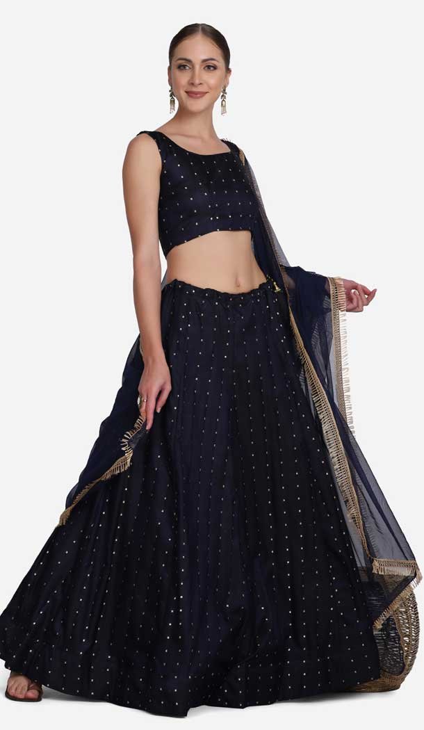 Taffeta Silk Foil Print Work Party Wear Women Lehenga Choli in Navy Blue -4380154090