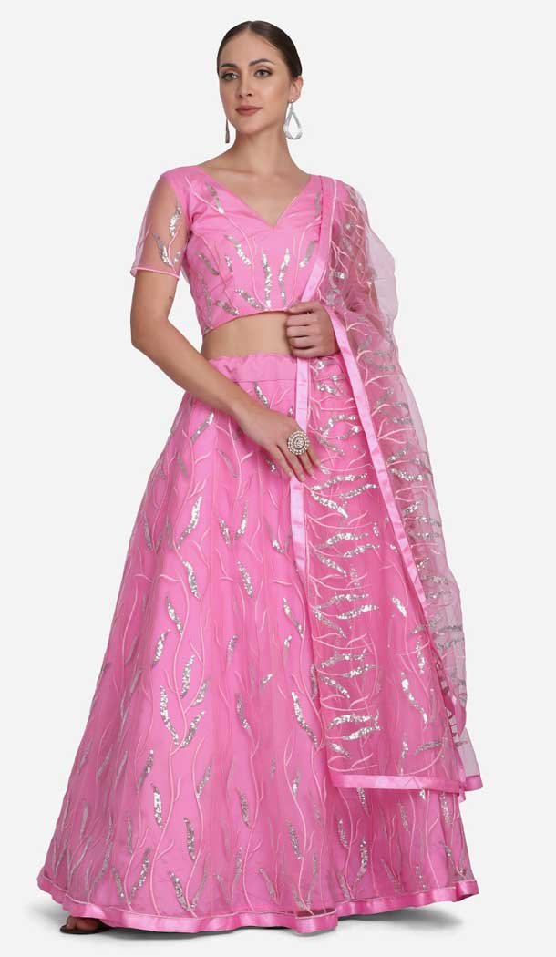 Net Embroidery & Sequence Work Party Wear Women Lehenga Choli in Baby Pink -4380154095