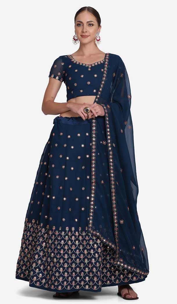 Georgette Embroidery & Mirror Work Party Wear Lehenga Choli in Navy Blue -4380154096