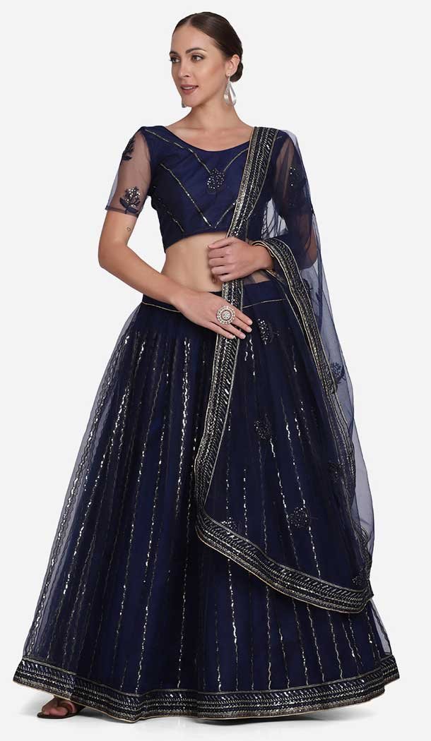 Net Embroidery & Sequence Work Party Wear Lehenga Choli in Navy Blue -4380154097