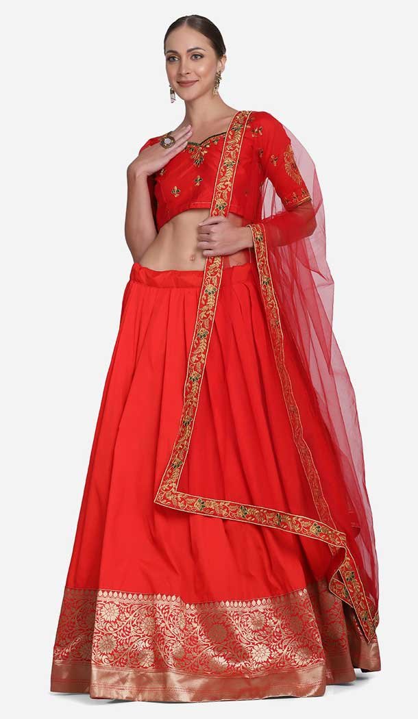 Taffeta Silk Embroidery Work Party Wear Lehenga Choli in Orange -4380154098