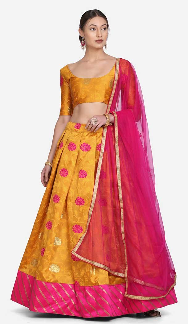 Mustard Yellow Color Taffeta Silk Zari Woven Work Plus Size Lehenga Choli -4386154136