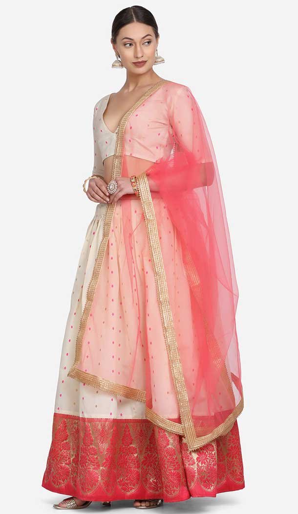 Off White Color Taffeta Silk Lace Work Plus Size Lehenga Choli -4386154137