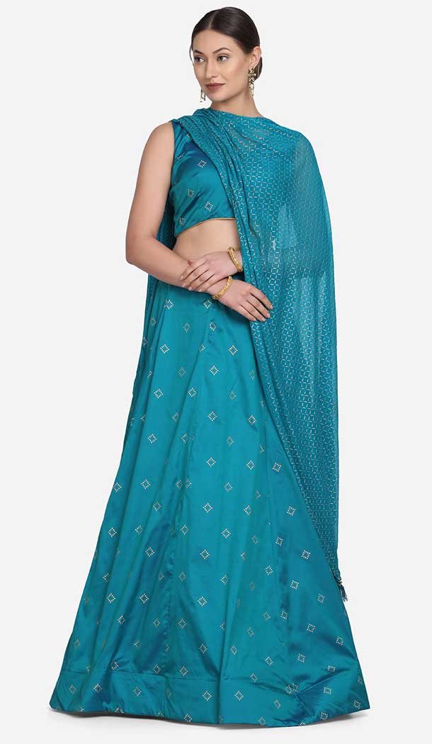 Sky Blue Color Taffeta Silk Foil Print Work Plus Size Lehenga Choli -4386154139