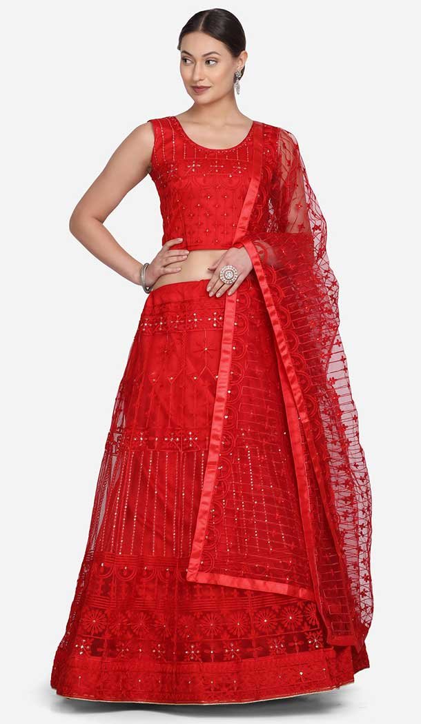 Tomato Red Color Net Embroidery Work Plus Size Lehenga Choli -4386154140