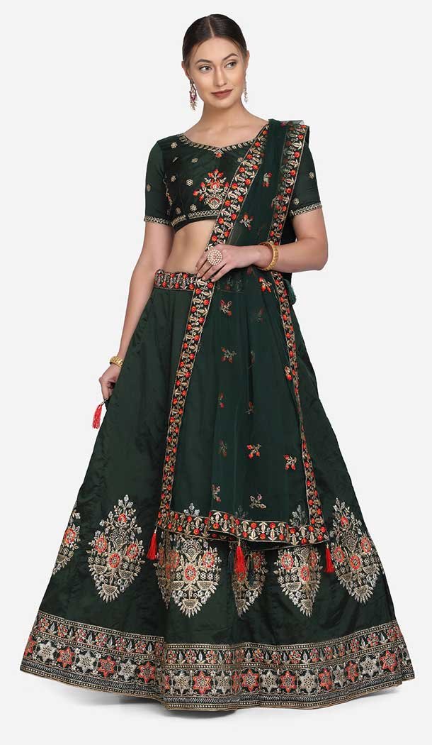 Dark Green Color Taffeta Silk Embroidery Work Plus Size Lehenga Choli -4386154141