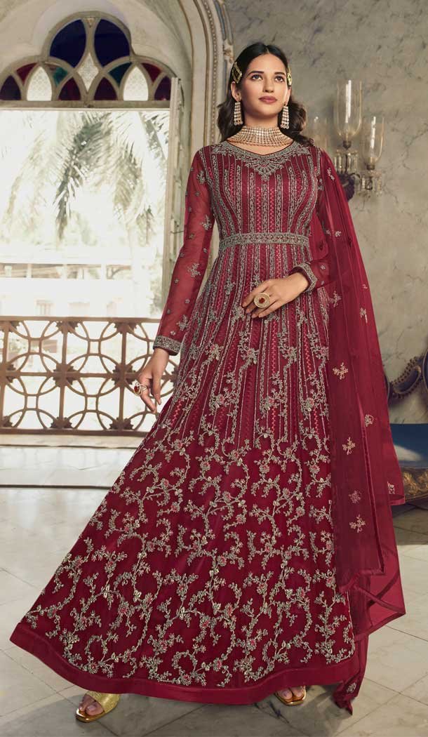 Maroon Color Butterfly Net Embroidery Work Pakistani Anarkali Salwar Kameez -4402154248