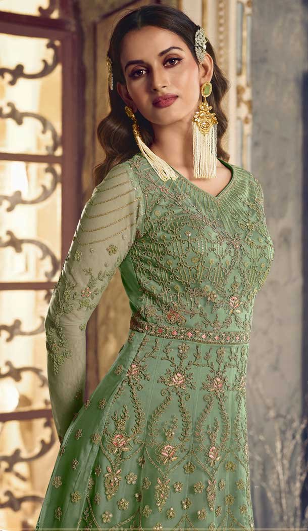 Pista Green Color Butterfly Net Embroidery Work Pakistani Anarkali Salwar Kameez -4402154249