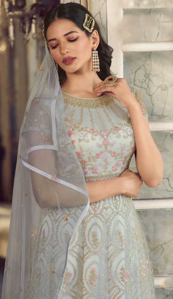 Lite Green Color Butterfly Net Embroidery Work Pakistani Anarkali Salwar Kameez -4402154250