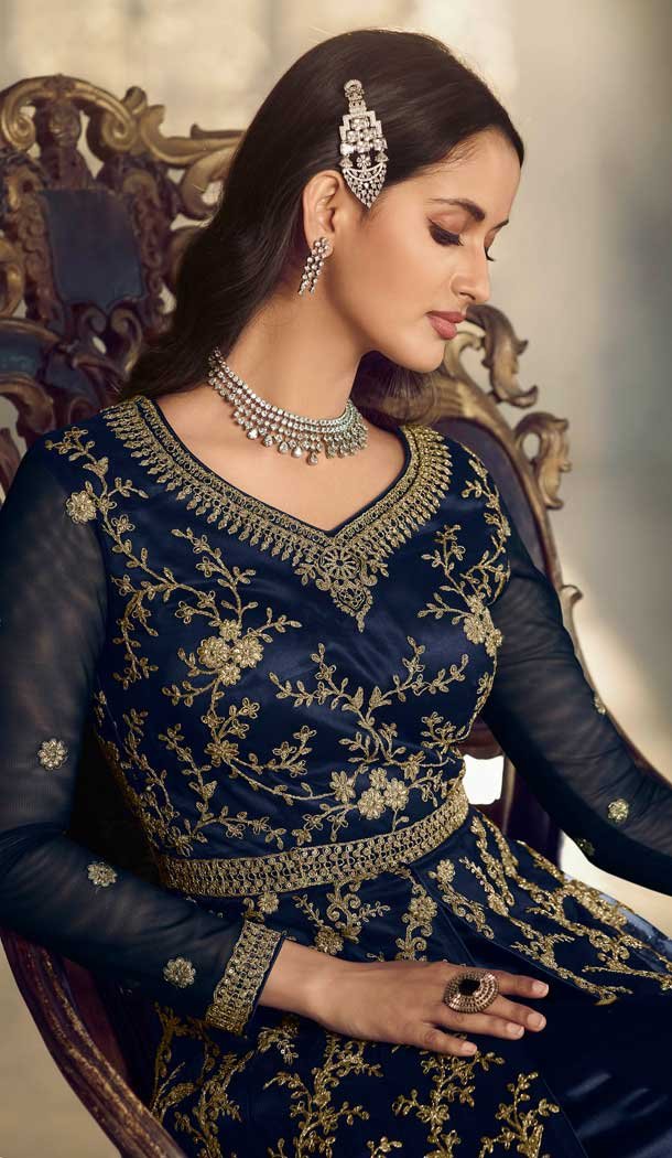 Navy Blue Color Butterfly Net Embroidery Work Pakistani Anarkali Salwar Kameez -4402154252