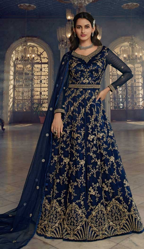 Navy Blue Color Butterfly Net Embroidery Work Pakistani Anarkali Salwar Kameez -4402154252