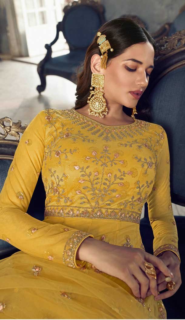 Yellow Color Butterfly Net Embroidery Work Pakistani Anarkali Salwar Kameez -4402154253