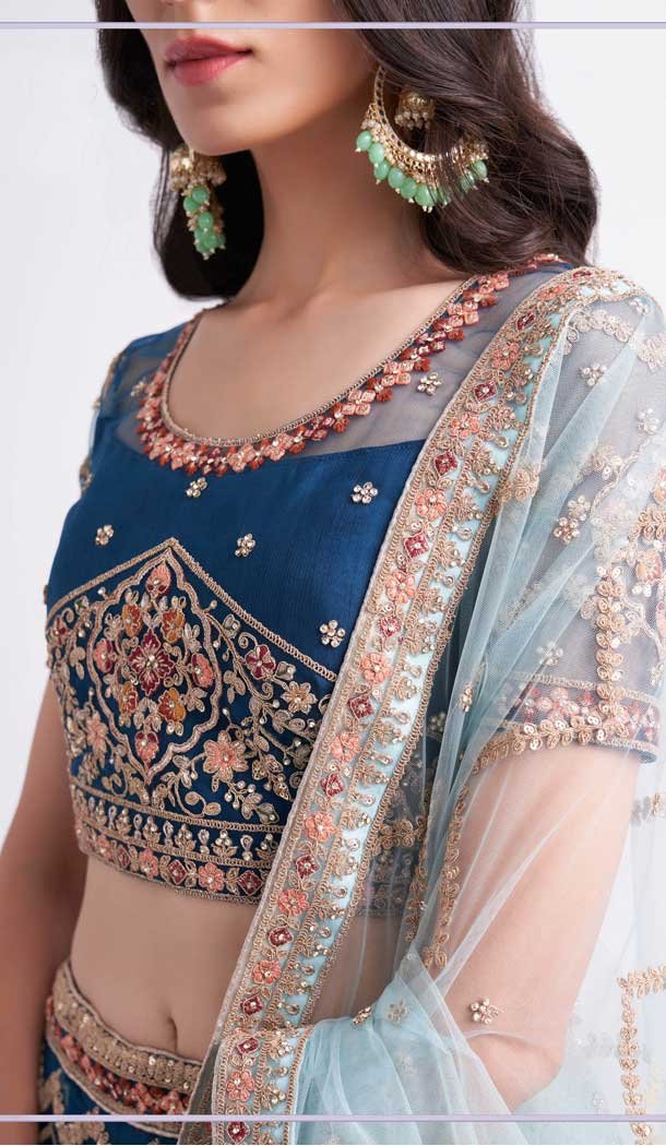 Blue Color Net Sequence Embroidery  Work Bridal Wedding Lehenga Choli -4403154254