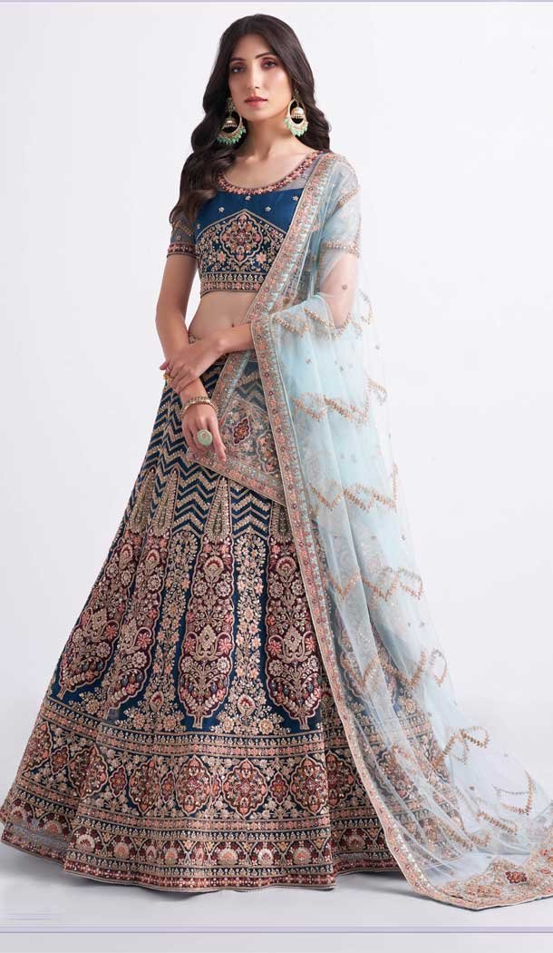 Blue Color Net Sequence Embroidery  Work Bridal Wedding Lehenga Choli -4403154254