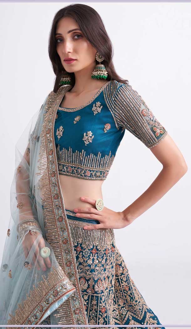 Teal Blue Color Net Sequence Embroidery Work Bridal Wedding Lehenga Choli -4403154256