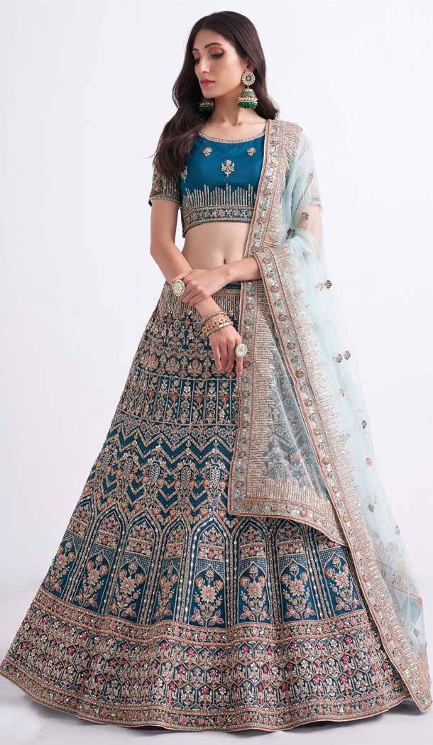 Teal Blue Color Net Sequence Embroidery Work Bridal Wedding Lehenga Choli -4403154256