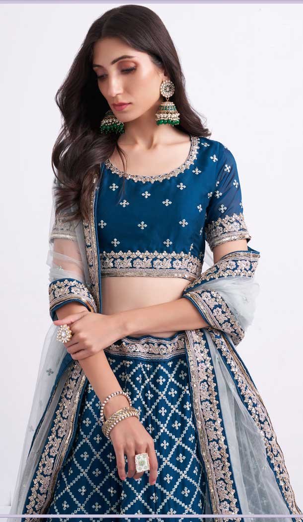 Pretty Blue Color Silk Georgette Sequence Embroidery Work Bridal Wedding Lehenga Choli -4403154259