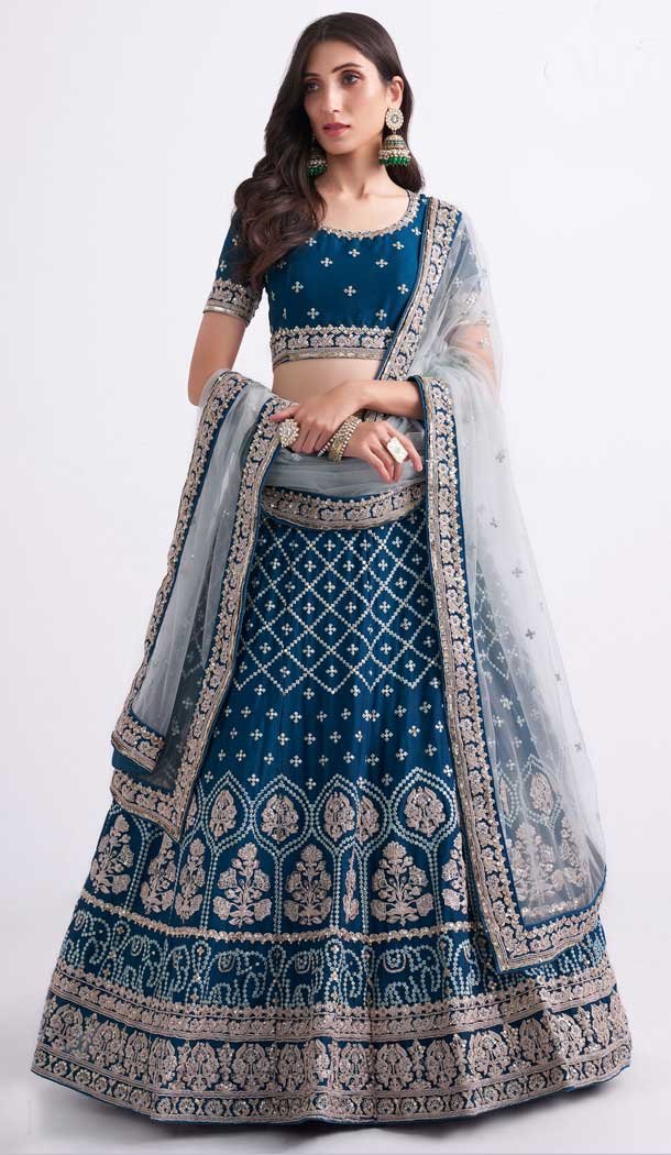 Pretty Blue Color Silk Georgette Sequence Embroidery Work Bridal Wedding Lehenga Choli -4403154259