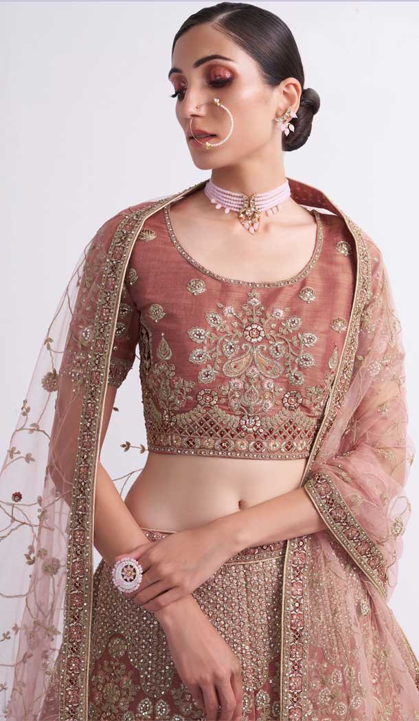 Peach Color Silk Sequence Embroidery Work Bridal Wedding Lehenga Choli -4403154260