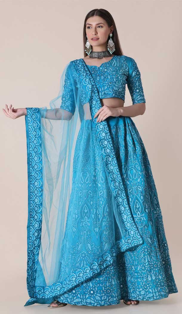 Sky Blue Color Taffeta Silk Embroidery Work Party Wear Lehenga Choli -4407154278