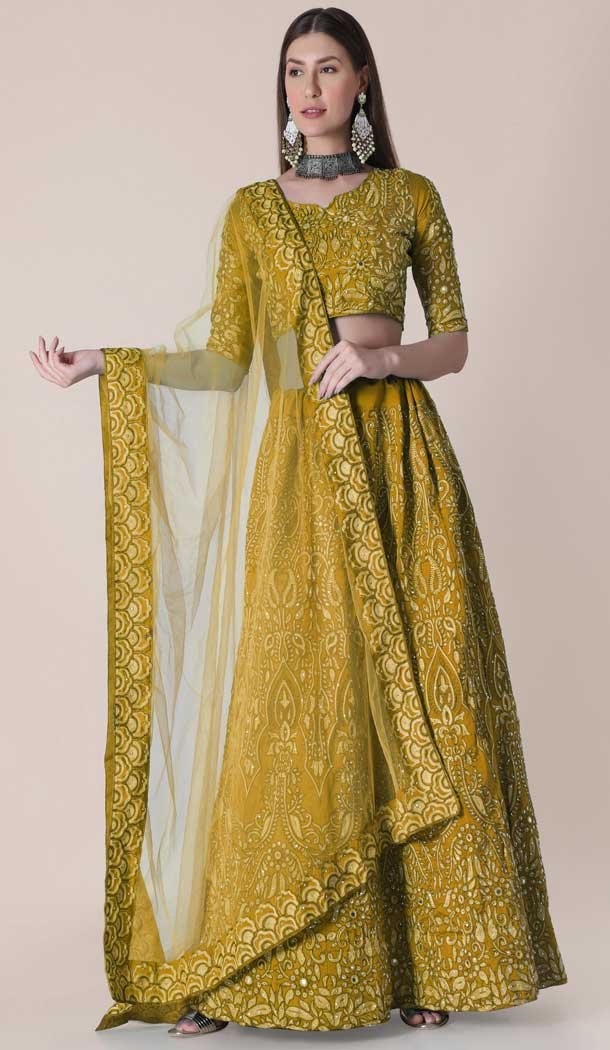 Yellow Color Taffeta Silk Embroidery Work Party Wear Lehenga Choli -4407154280