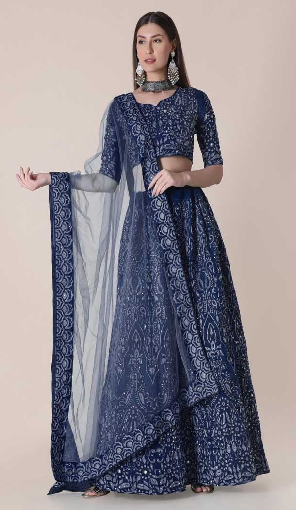 Navy Blue Color Taffeta Silk Embroidery Work Party Wear Lehenga Choli -4407154282