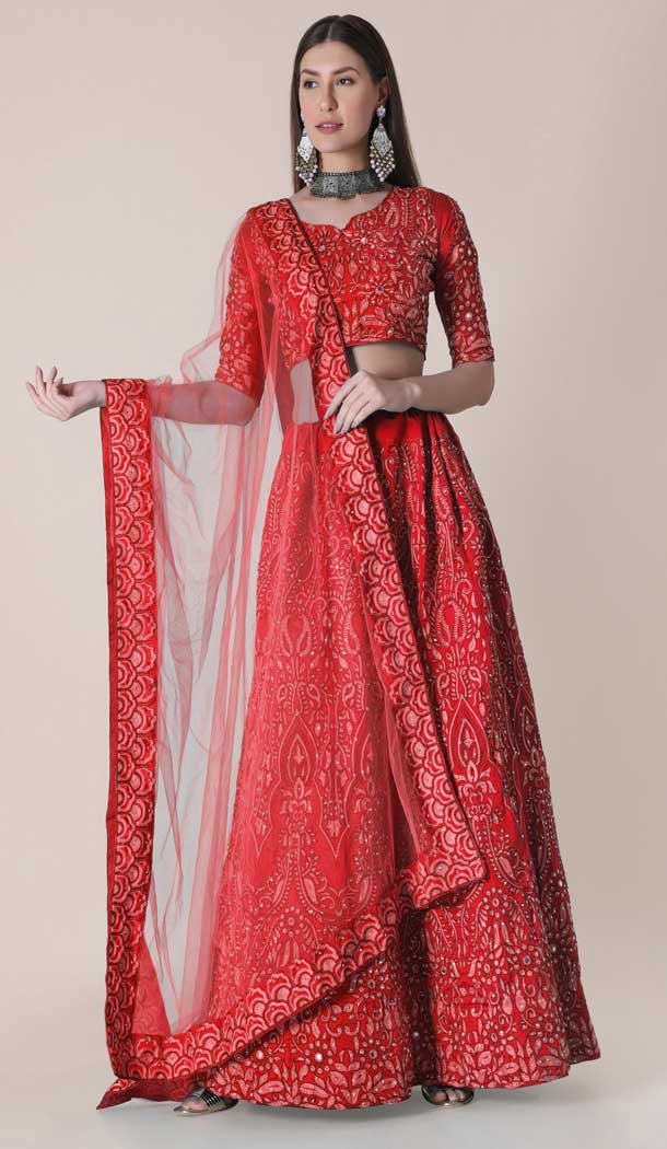 Pretty Red Color Taffeta Silk Embroidery Work Party Wear Lehenga Choli -4407154283