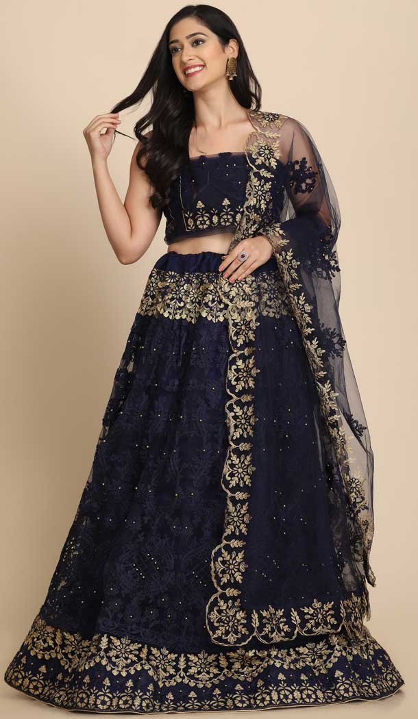 Net Embroidery Stone Work Party Wear Lehenga Choli in Navy Blue -4408154285