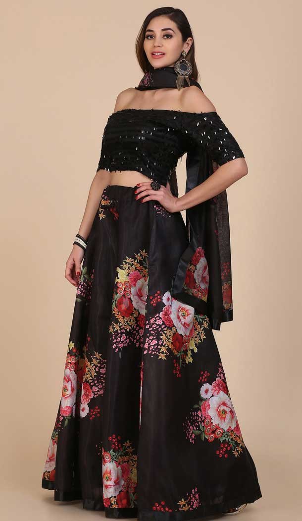 Banglory silk Floral Print Work Party Wear Lehenga Choli in Black -4408154290