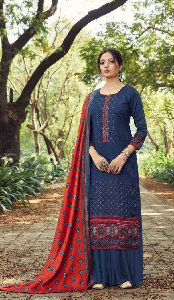 Pashmina Digital Print With Embroidery Work Casual Wear Palazzo Suit in Navy Blue -4411154308