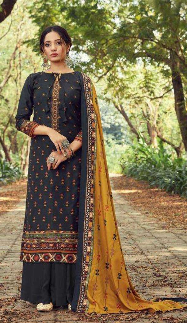 Pashmina Digital Print With Embroidery Work Casual Wear Palazzo Suit in Black -4411154310