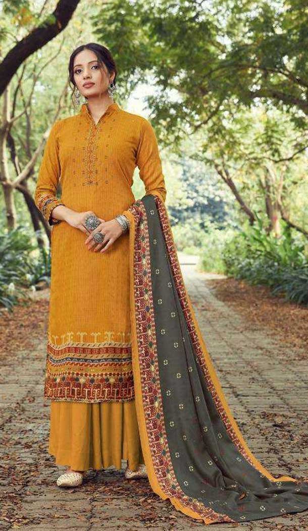 Pashmina Digital Print With Embroidery Work Casual Wear Palazzo Suit in Mustard Yellow -4411154313