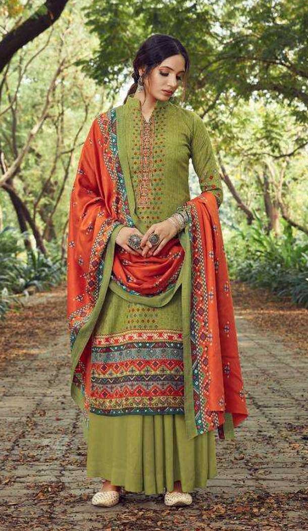 Pashmina Digital Print With Embroidery Work Casual Wear Palazzo Suit in Mehendi Green -4411154314