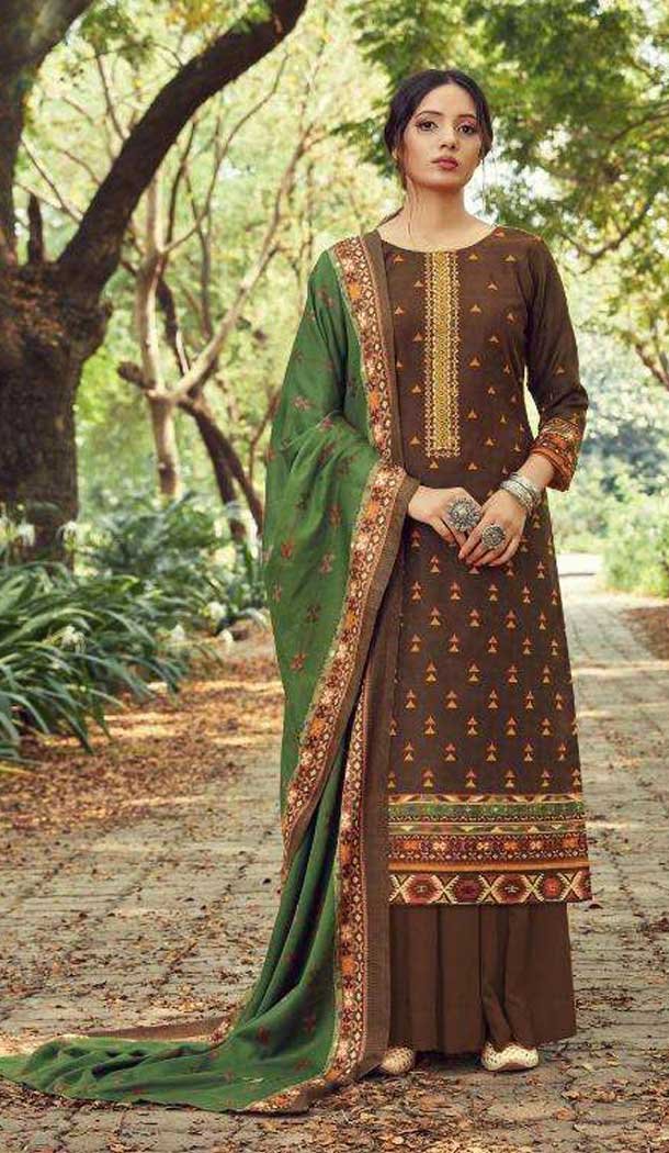 Pashmina Digital Print With Embroidery Work Casual Wear Palazzo Suit in Brown -4411154315