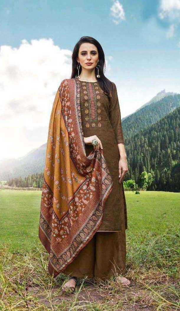 Brown Color Pashmina With Embroidery Work Casual Wear Palazzo Suit -4418154405