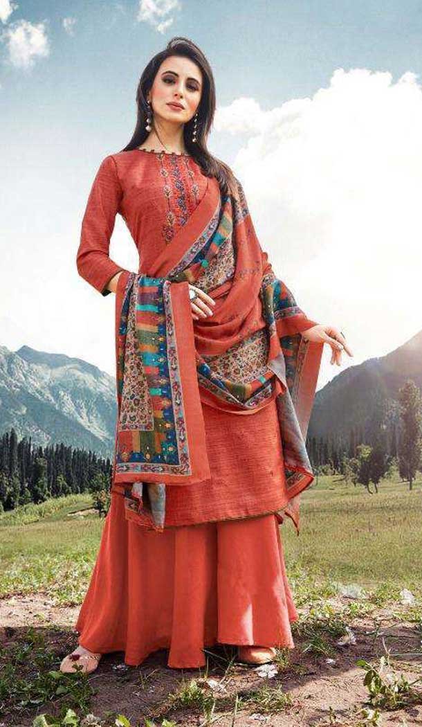 Tomato Red Color Pashmina With Embroidery Work Casual Wear Palazzo Suit -4418154406