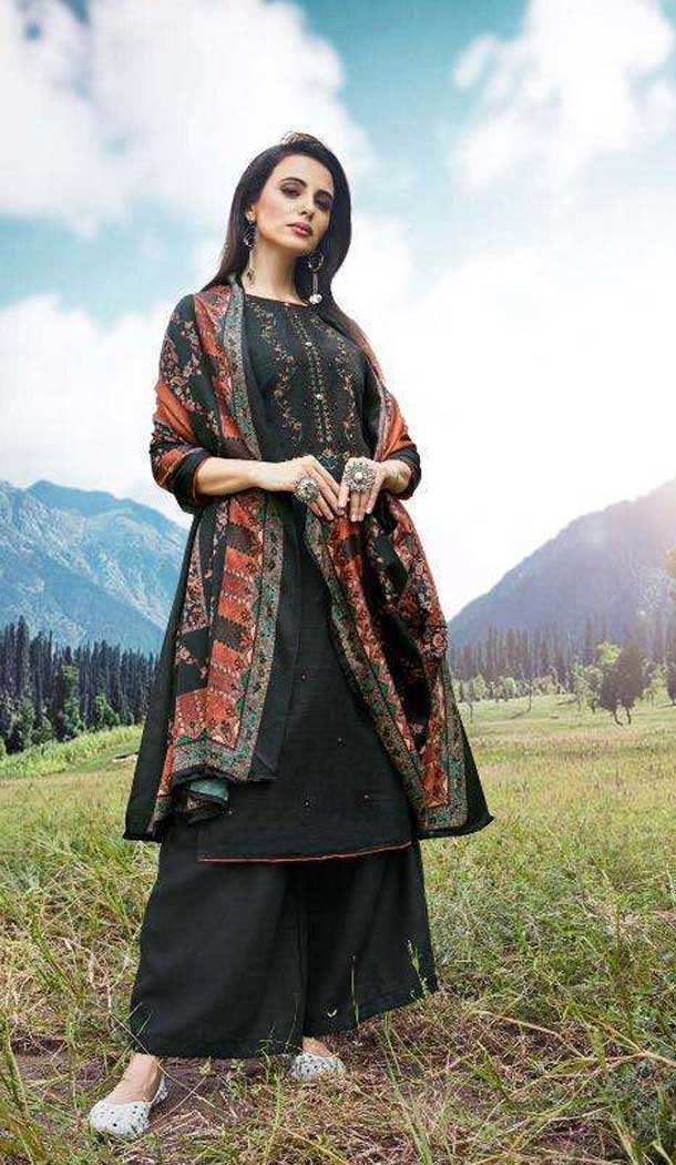 Dark Green Color Pashmina With Embroidery Work Casual Wear Palazzo Suit -4418154407