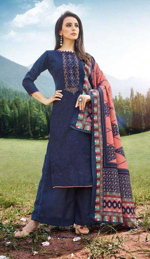 Blue Color Pashmina With Embroidery Work Casual Wear Palazzo Suit -4418154409