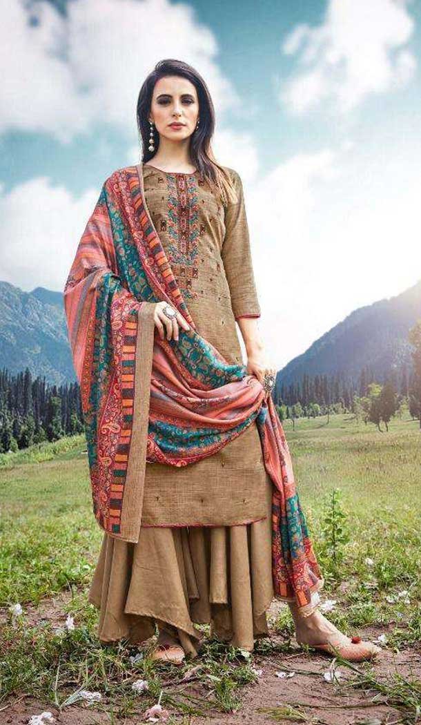 Beige Color Pashmina With Embroidery Work Casual Wear Palazzo Suit -4418154411