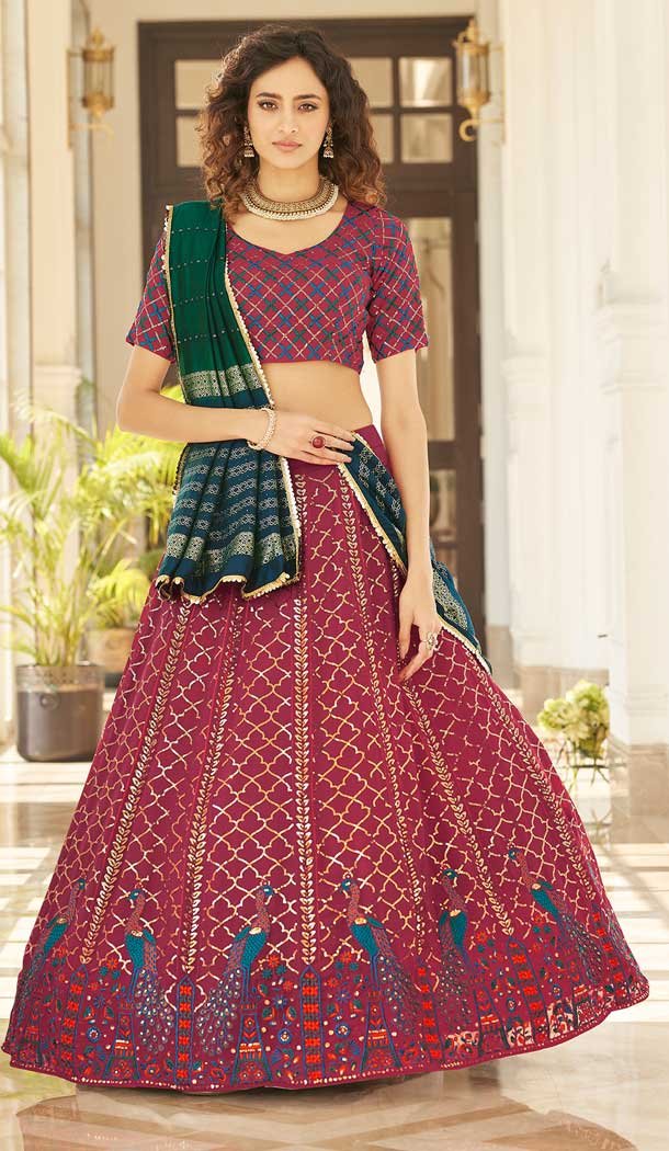 Deep Pink Color Thread Embroidery Work Georgette Women Lehenga Choli -4422154431